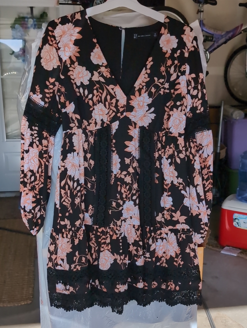 New York & Company Black Dress with Peach Floral Print